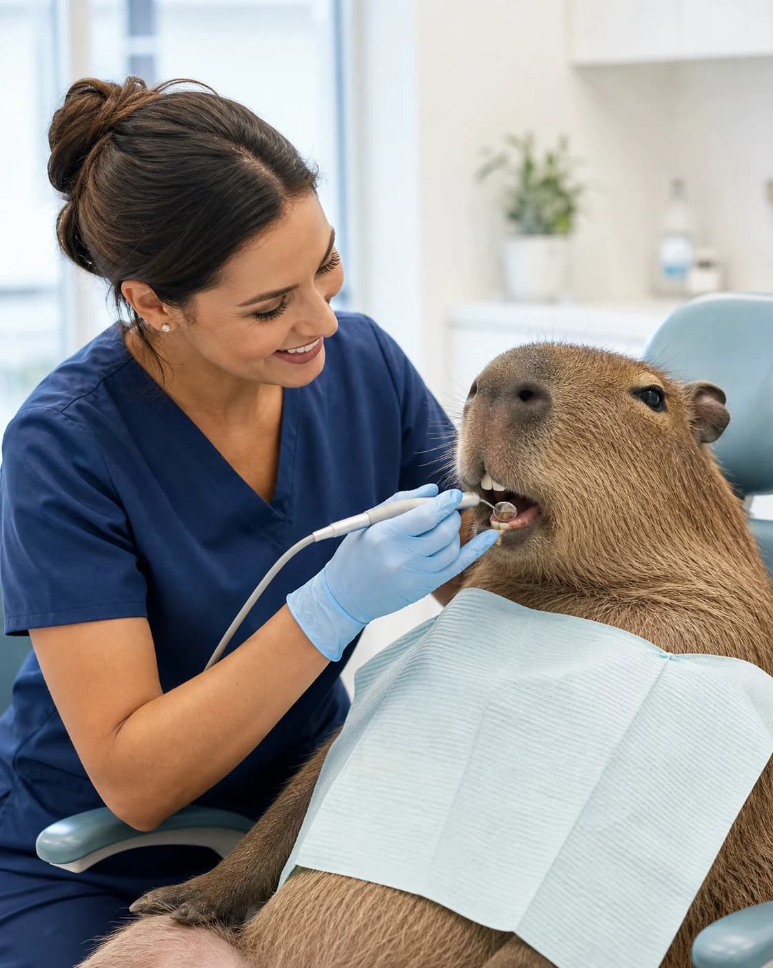 A dentist personally providing gentle preventive hygiene care to a relaxed capybara patient