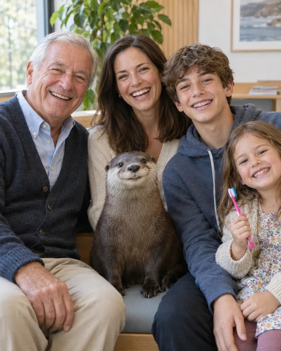 Three generations of one family — grandfather, mum, teenage son and a little girl with a toothbrush — smiling together in the waiting room with a friendly otter