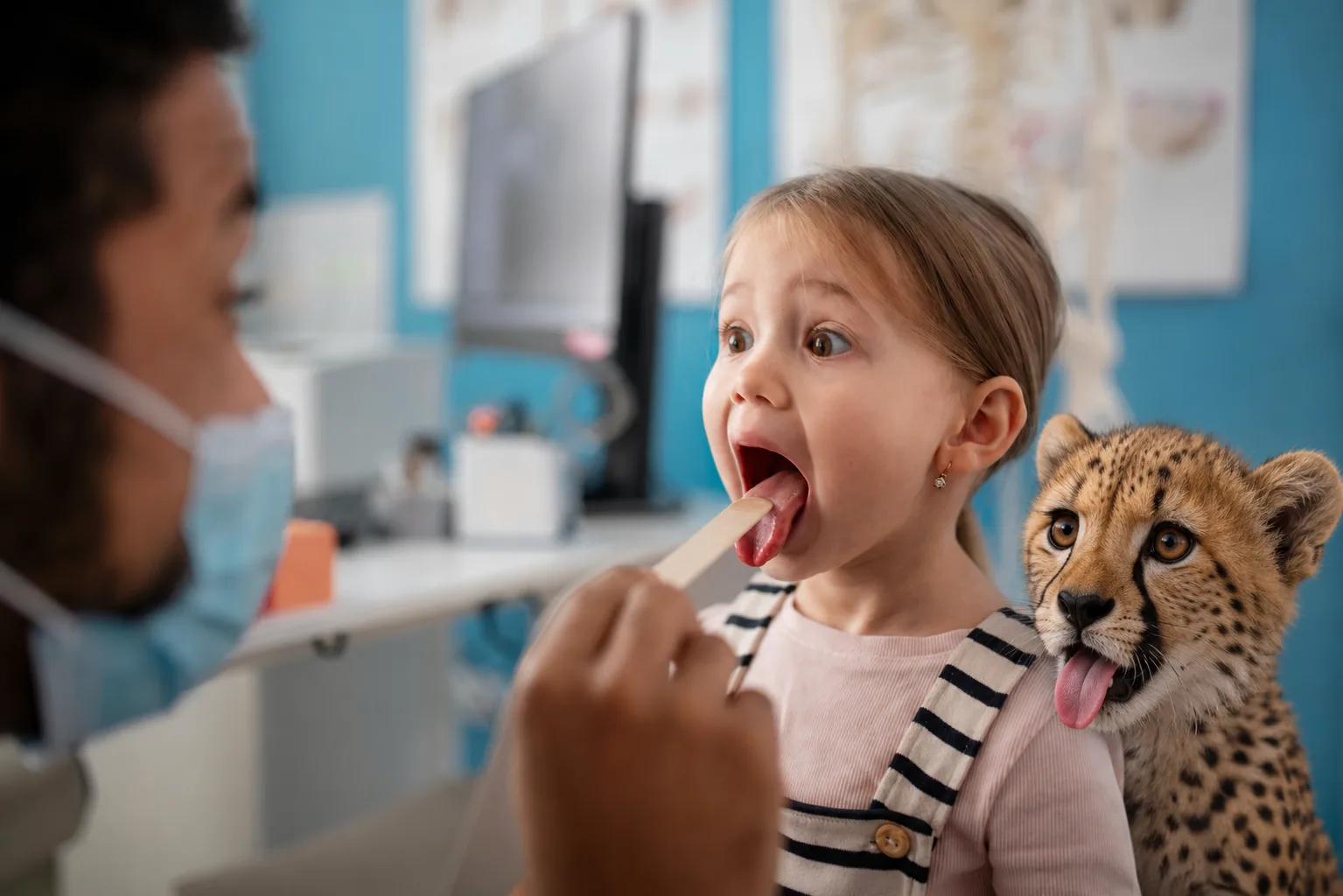A gentle dentist examining a young patient's mouth during a checkup, with a friendly cheetah resting on her shoulder