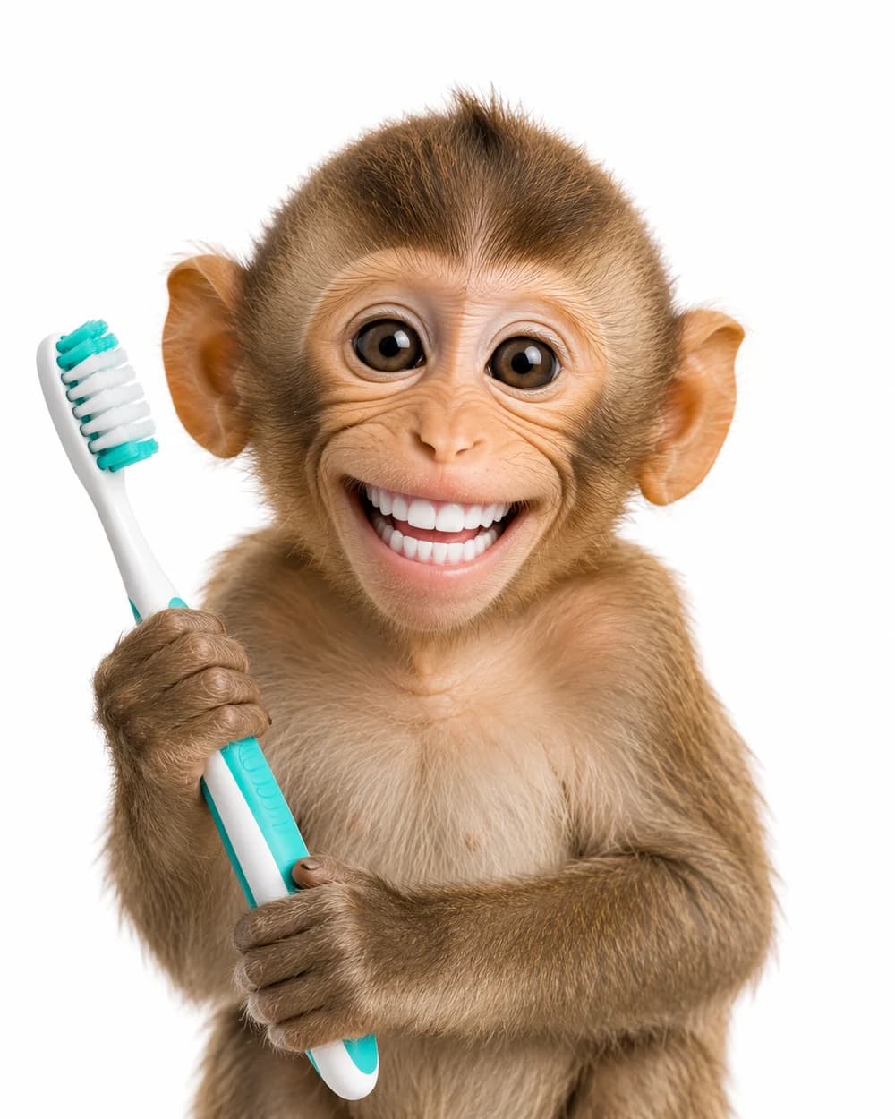 A cheerful monkey holding a toothbrush — prevention starts with the basics