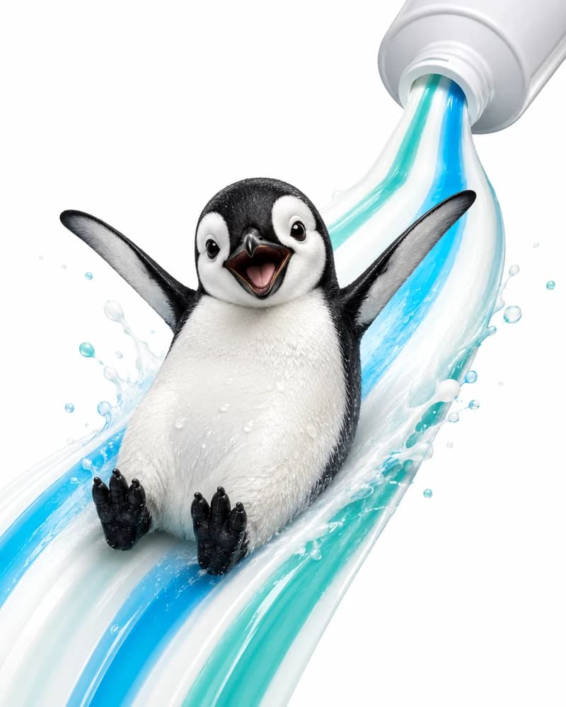 A playful penguin sliding down a stream of toothpaste