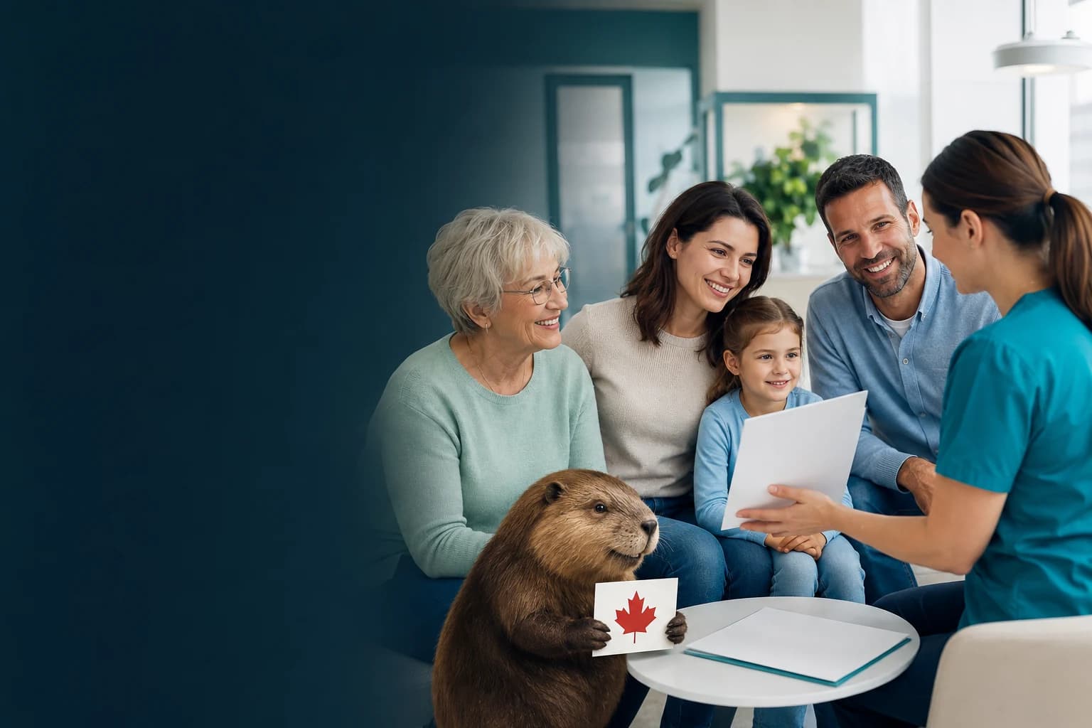 Three generations of a family — grandmother, parents and daughter — smiling with a dentist during a consultation, with a friendly beaver holding a Canadian maple leaf card