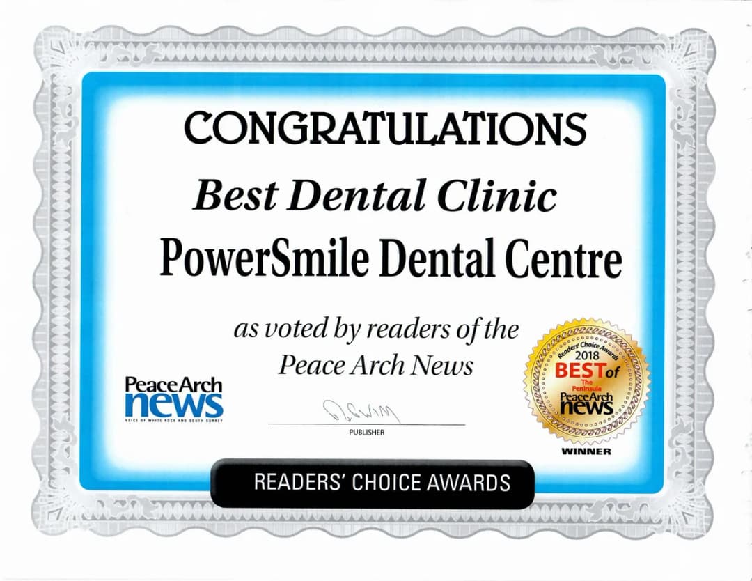 Peace Arch News Readers' Choice Award certificate — Best Dental Clinic, PowerSmile Dental Centre