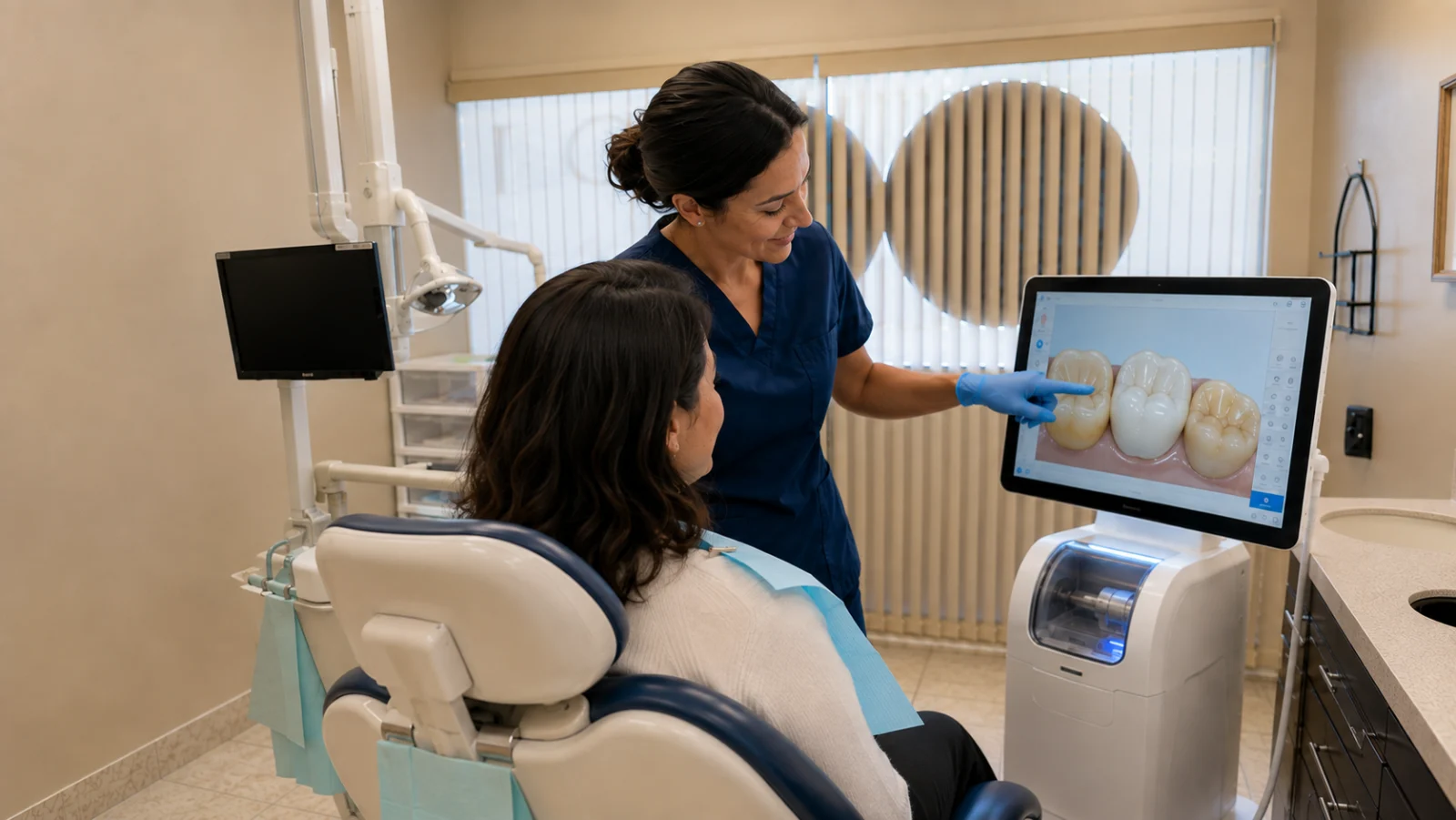 A dentist showing a patient their tooth scan on a chairside screen at Power Smile Dental Centre