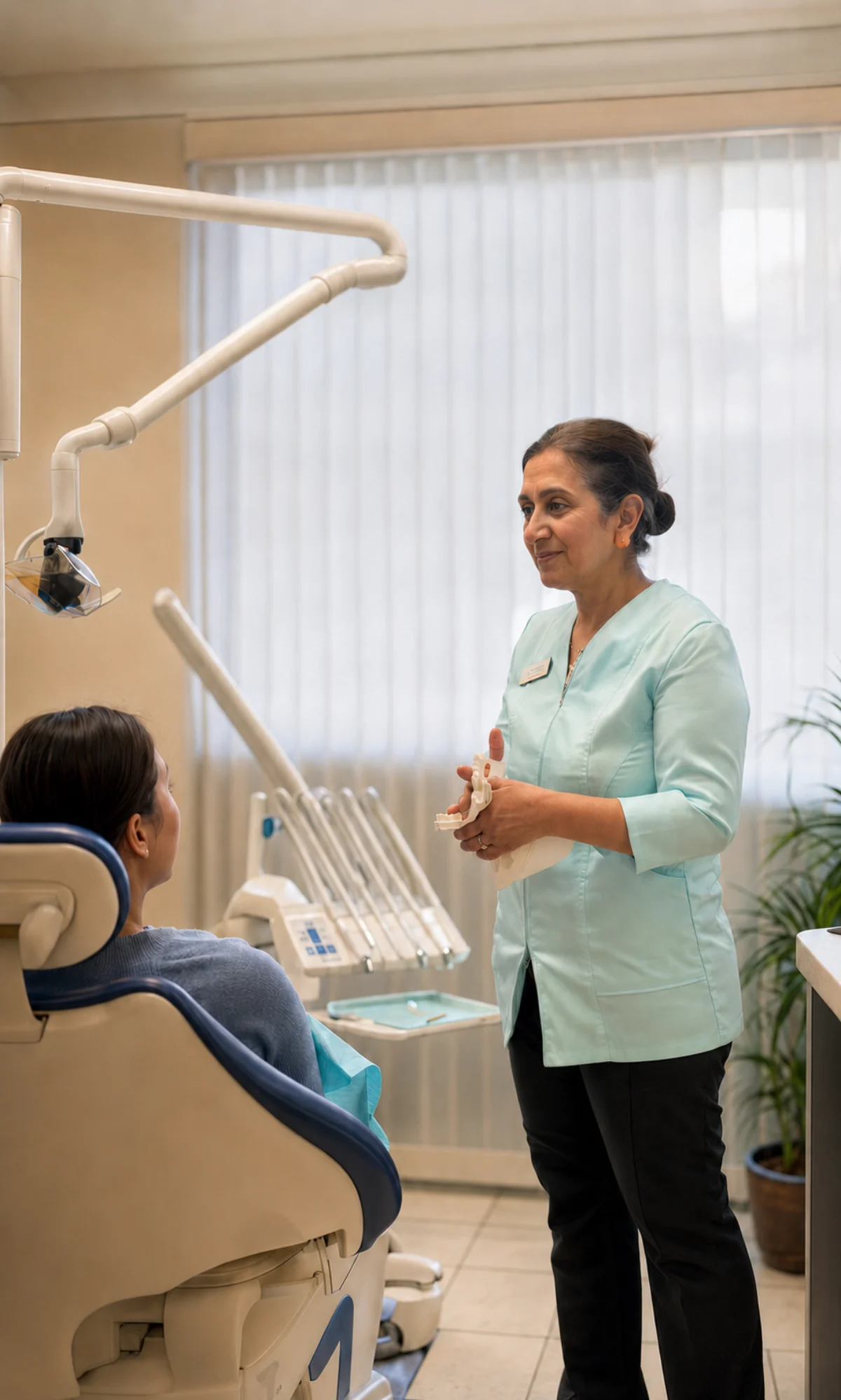 Dr. Miral Hassan in a bright, comfortable treatment room at Power Smile Dental Centre in South Surrey