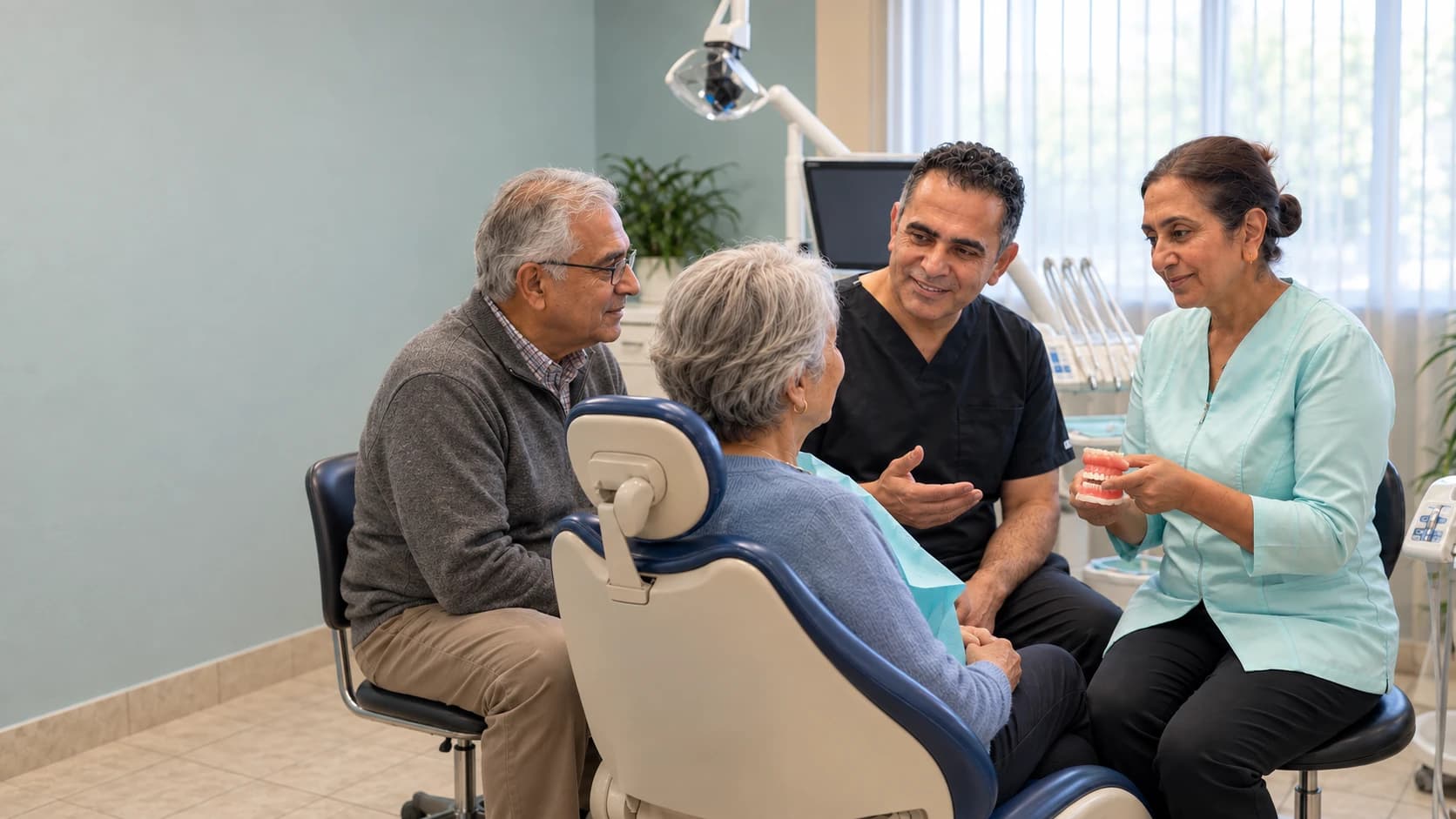 An older couple discussing denture care with Dr. Hassan and Sarwar in a dental clinic