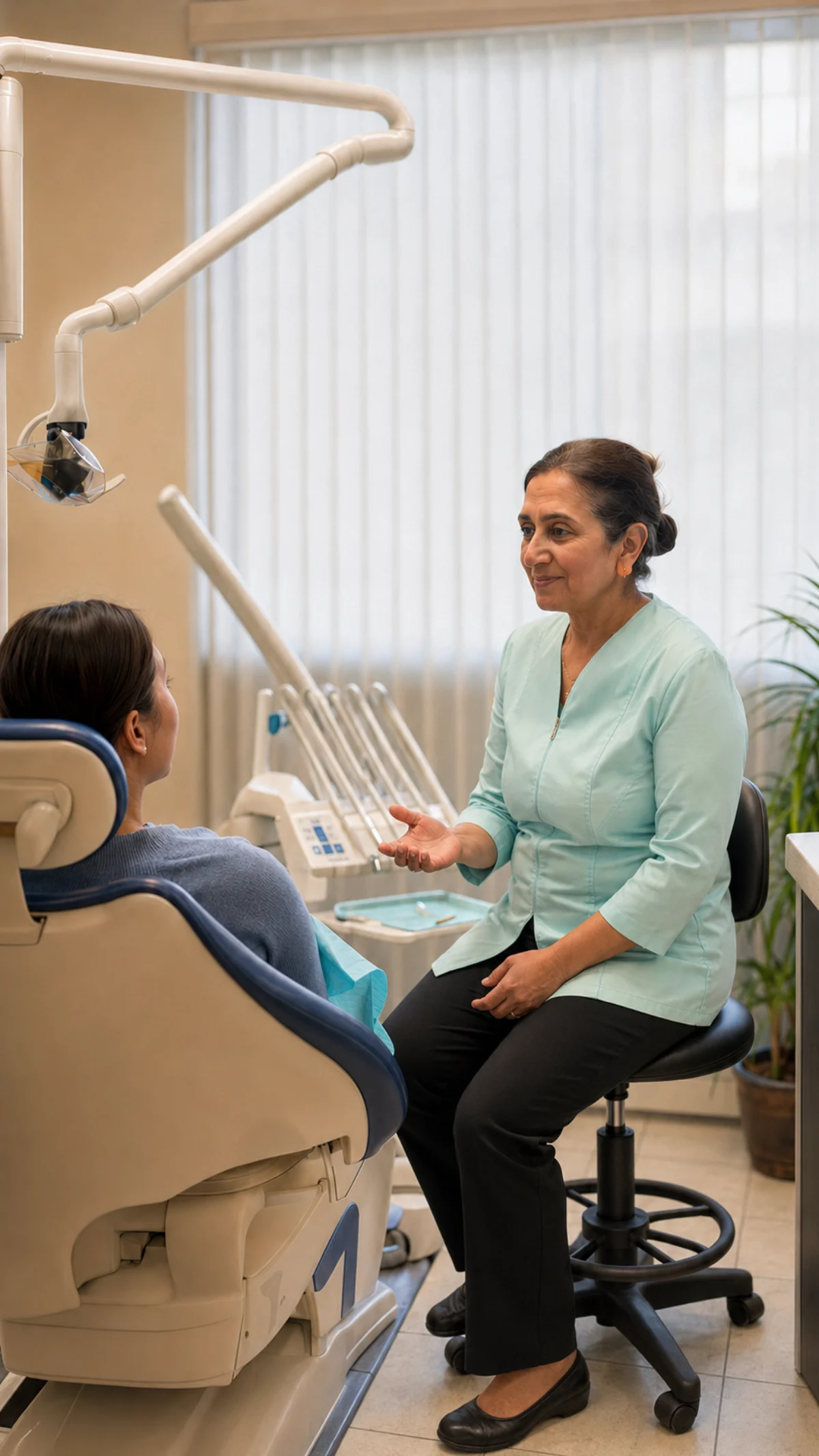Dr. Miral Hassan talking with a patient chairside at Power Smile Dental Centre in South Surrey
